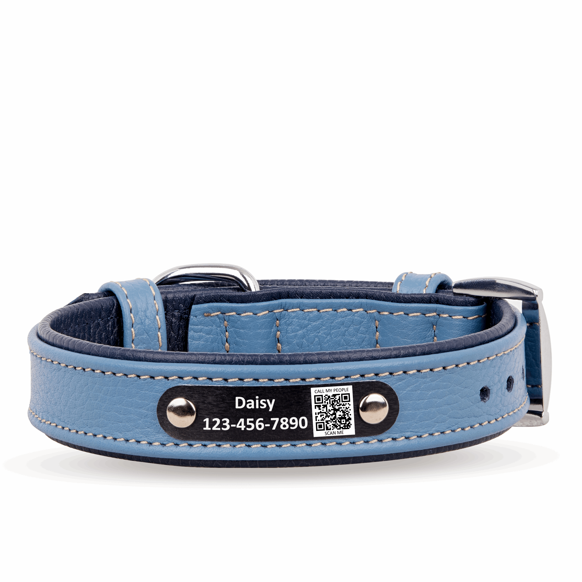 Personalized Leather Dog Collar with Scannable QR Code | Blue and Navy Blue Dog Collar