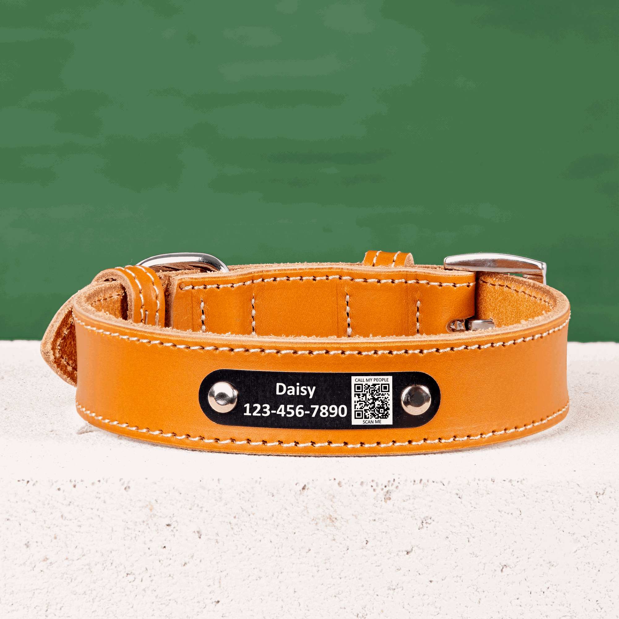 Personalized Dog Collar with Scannable QR Code | Genuine Leather Mustard Dog Collar