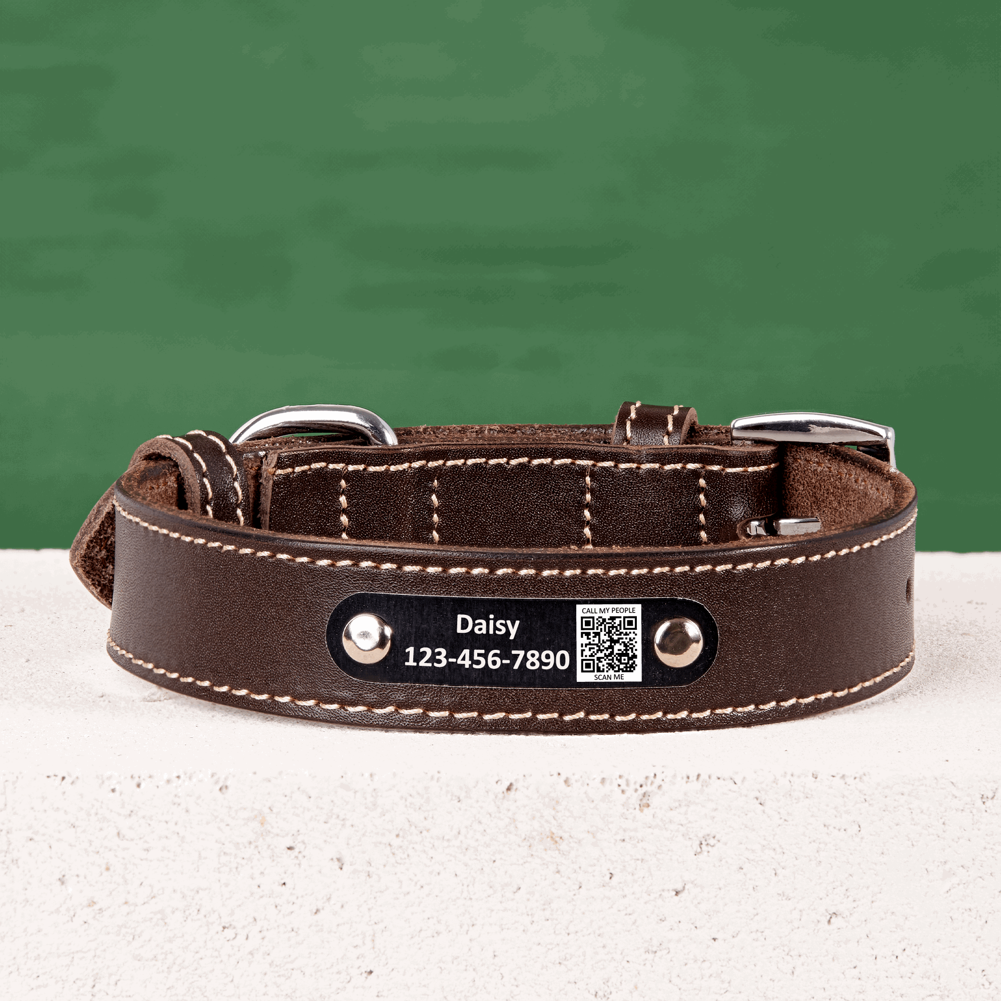 Personalized Dog Collar with Scannable QR Code | Genuine Leather Brown Dog Collar