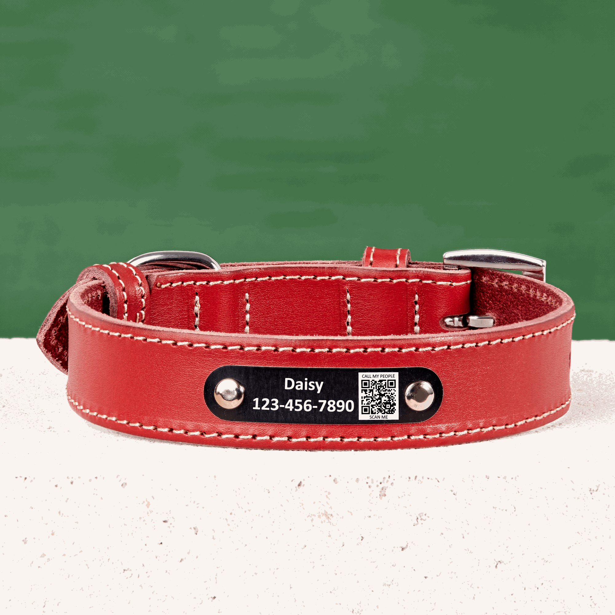 Personalized Dog Collar with Scannable QR Code | Genuine Leather Red Dog Collar