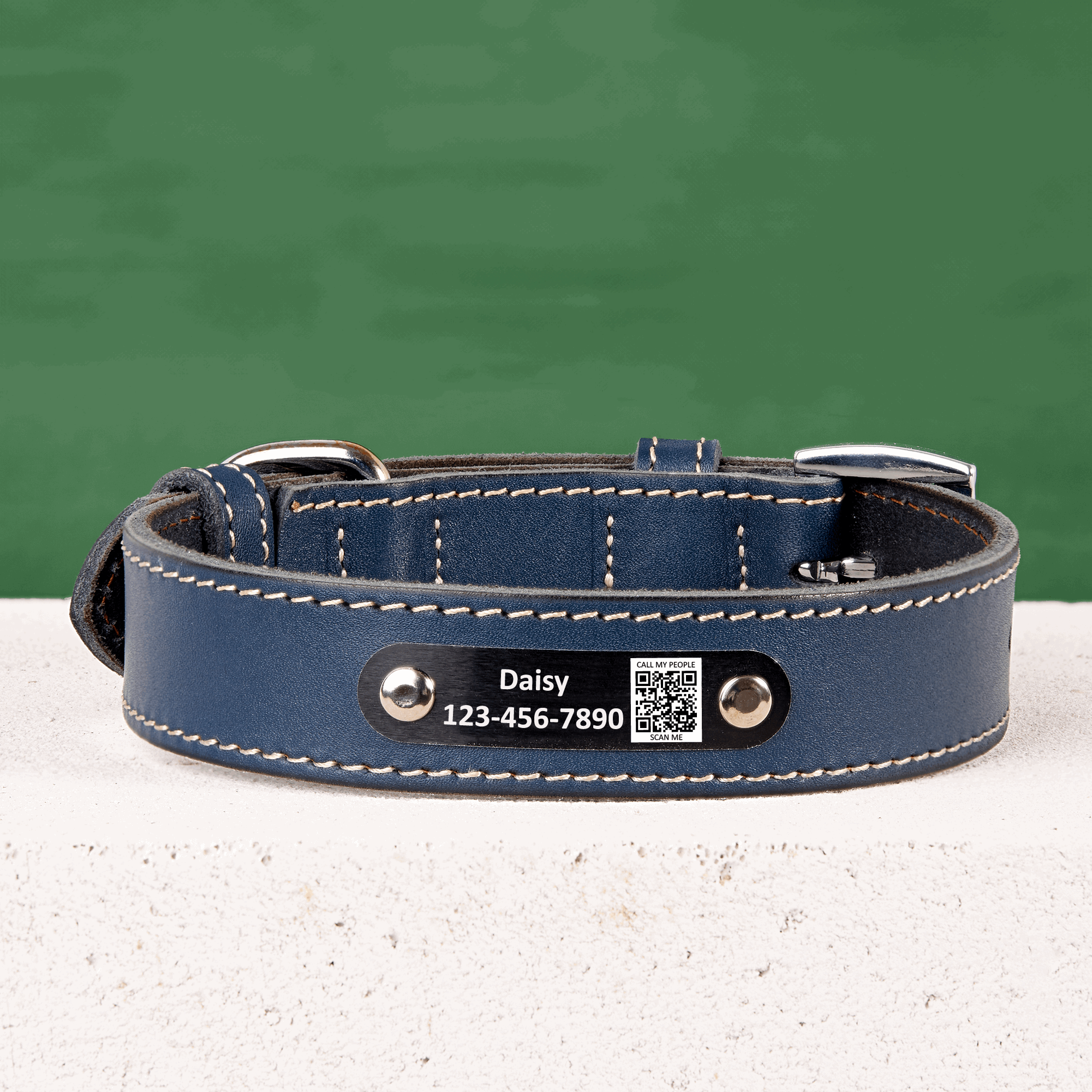 Personalized Dog Collar with Scannable QR Code | Genuine Leather Blue Dog Collar