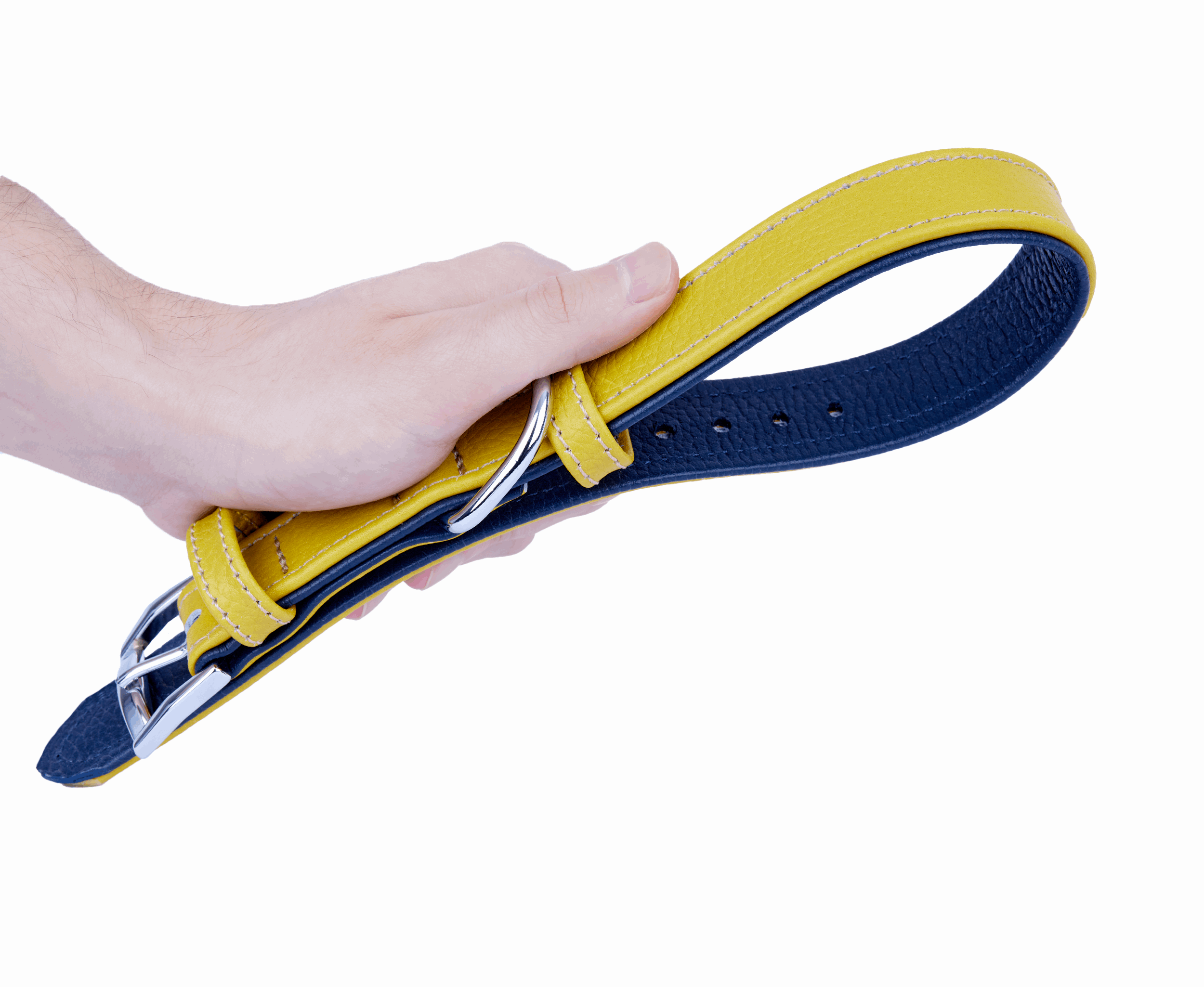 Double-Layered Geniune Leather Yellow and Navy Blue Handmade Dog Collar