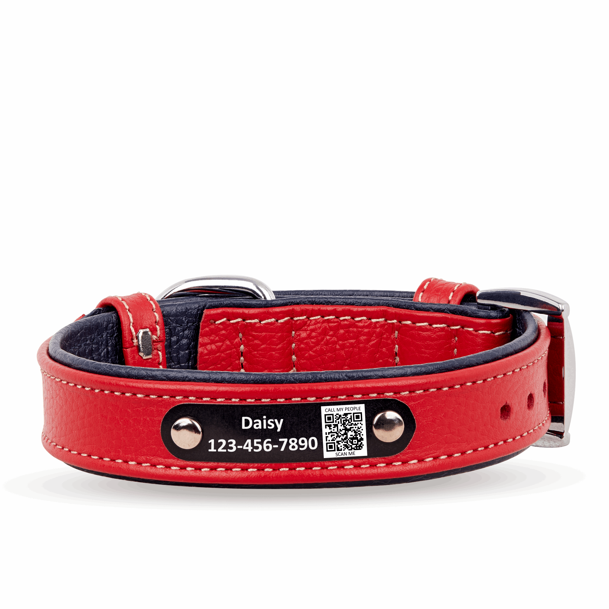 Personalized Leather Dog Collar with Scannable QR Code | Red and Navy Blue Dog Collar