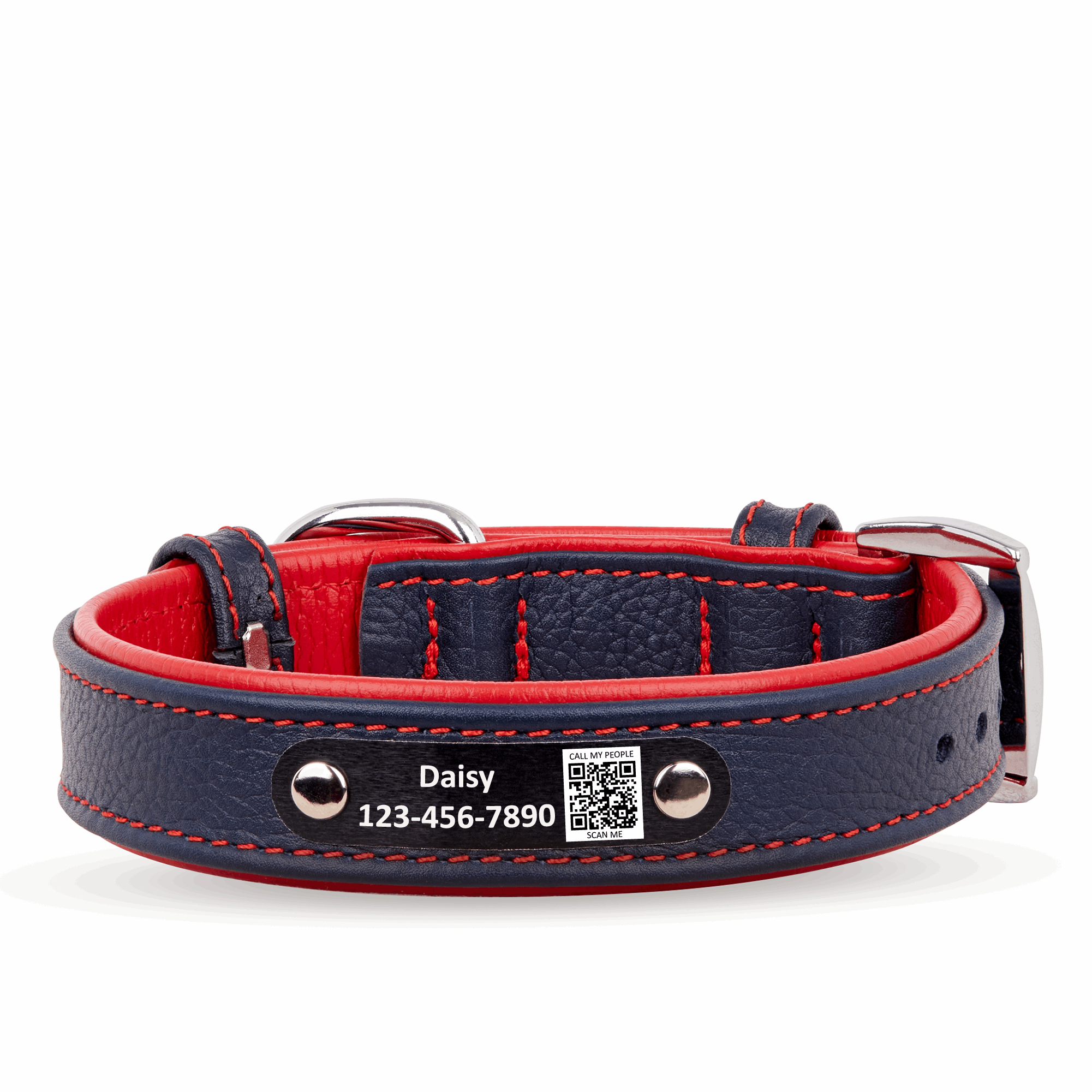 Personalized Leather Dog Collar with Scannable QR Code | Navy Blue and Red Handmade Dog Collar