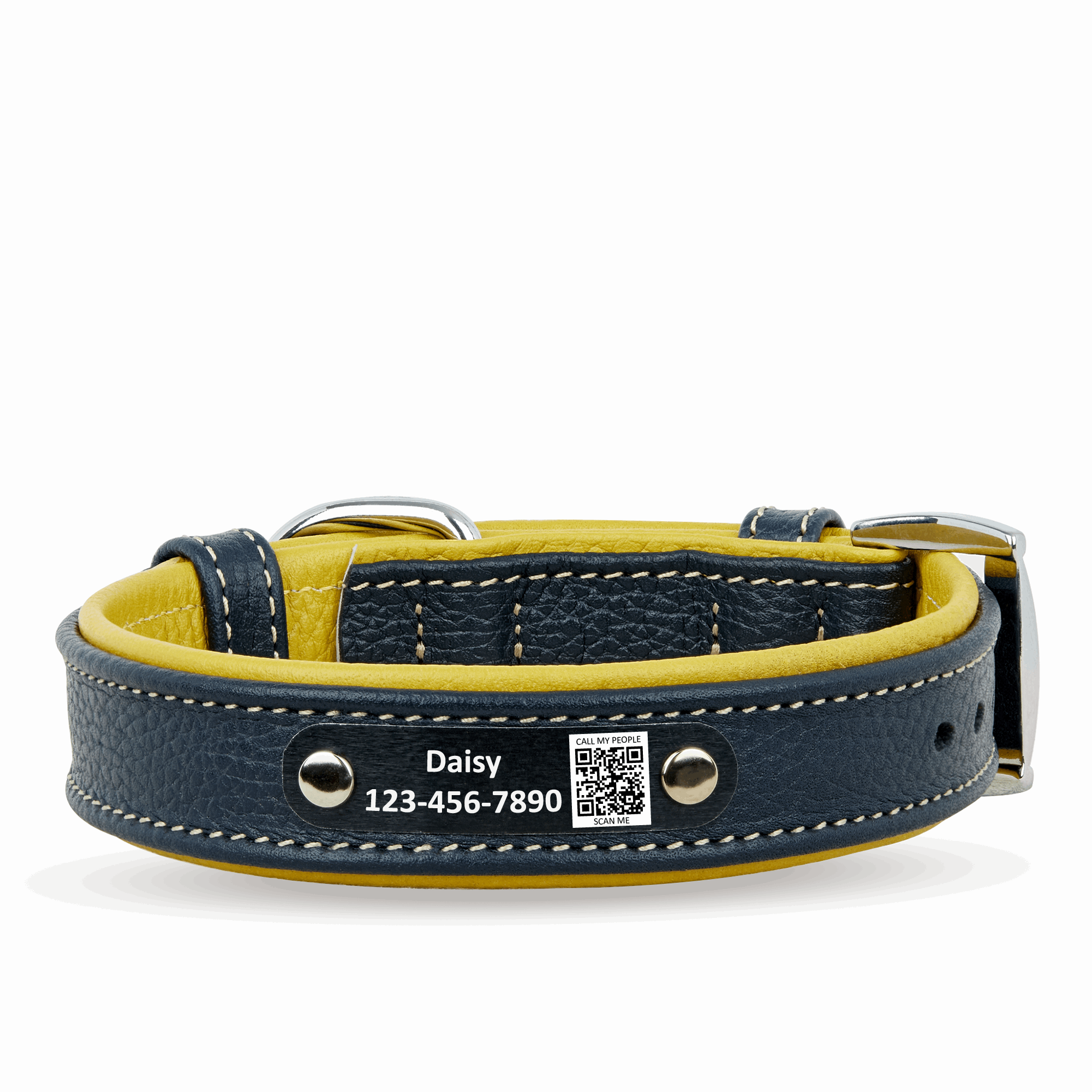 Personalized Leather Dog Collar with Scannable QR Code | Navy Blue and Mustard Handmade Dog Collar