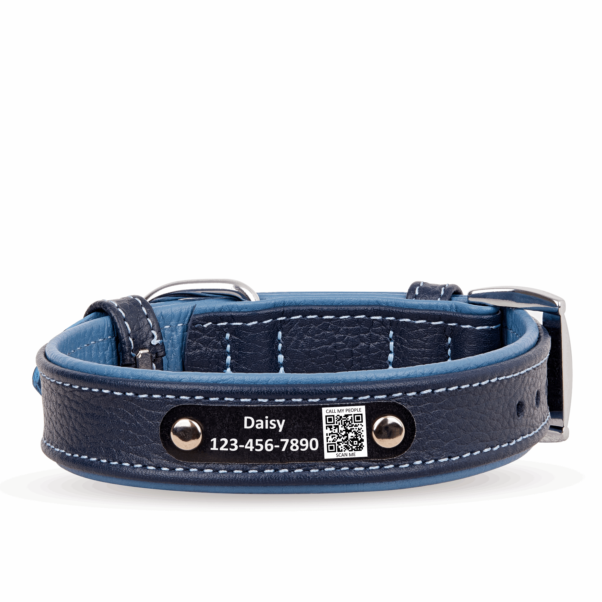 Personalized Leather Dog Collar with Scannable QR Code | Navy Blue and Blue Dog Collar