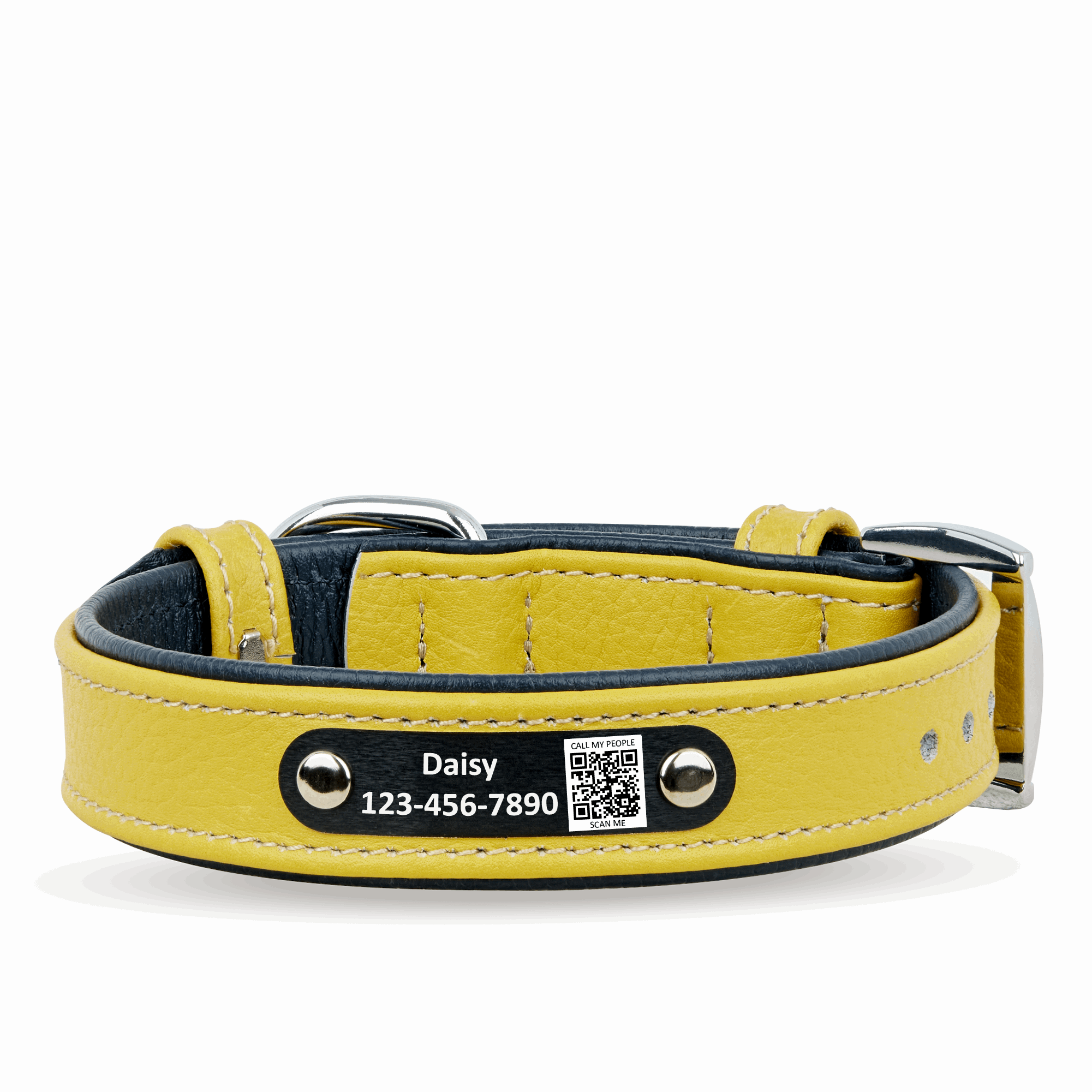 Personalized Leather Dog Collar with Scannable QR Code | Yellow and Navy Blue Dog Id Tag Collar