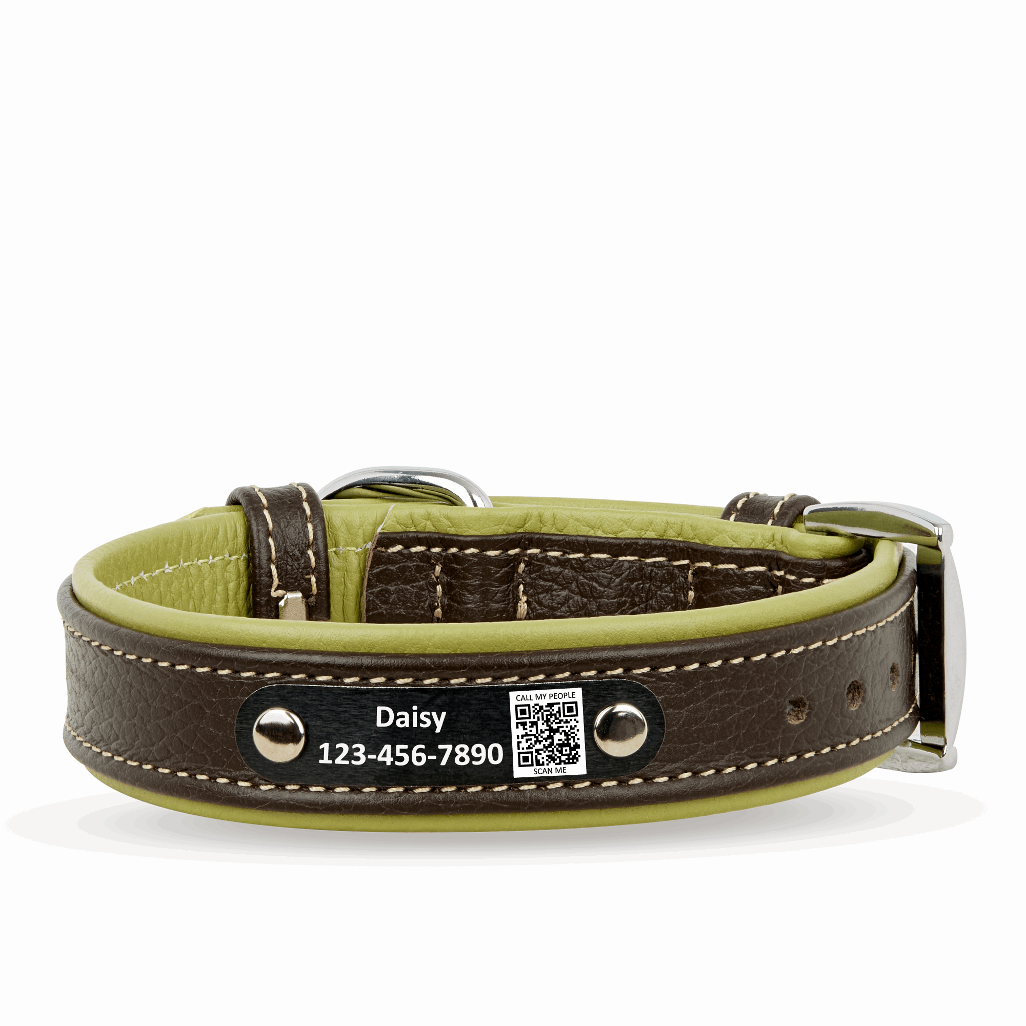 Personalized Leather Dog Collar with Scannable QR Code | Brown and Light Green Handmade Dog Collar