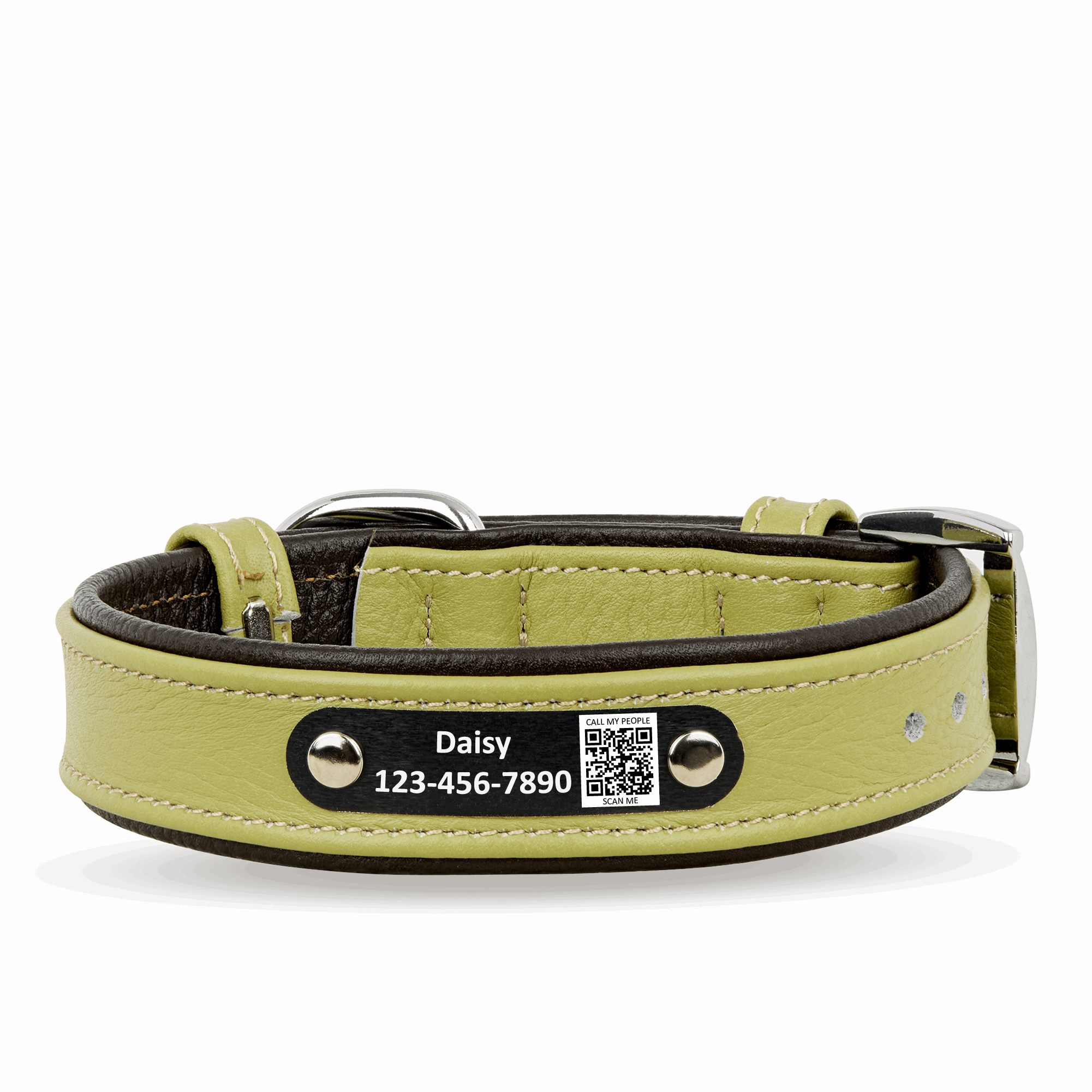 Personalized Leather Dog Collar with Scannable QR Code | Light Green and Brown Smart Dog Collar