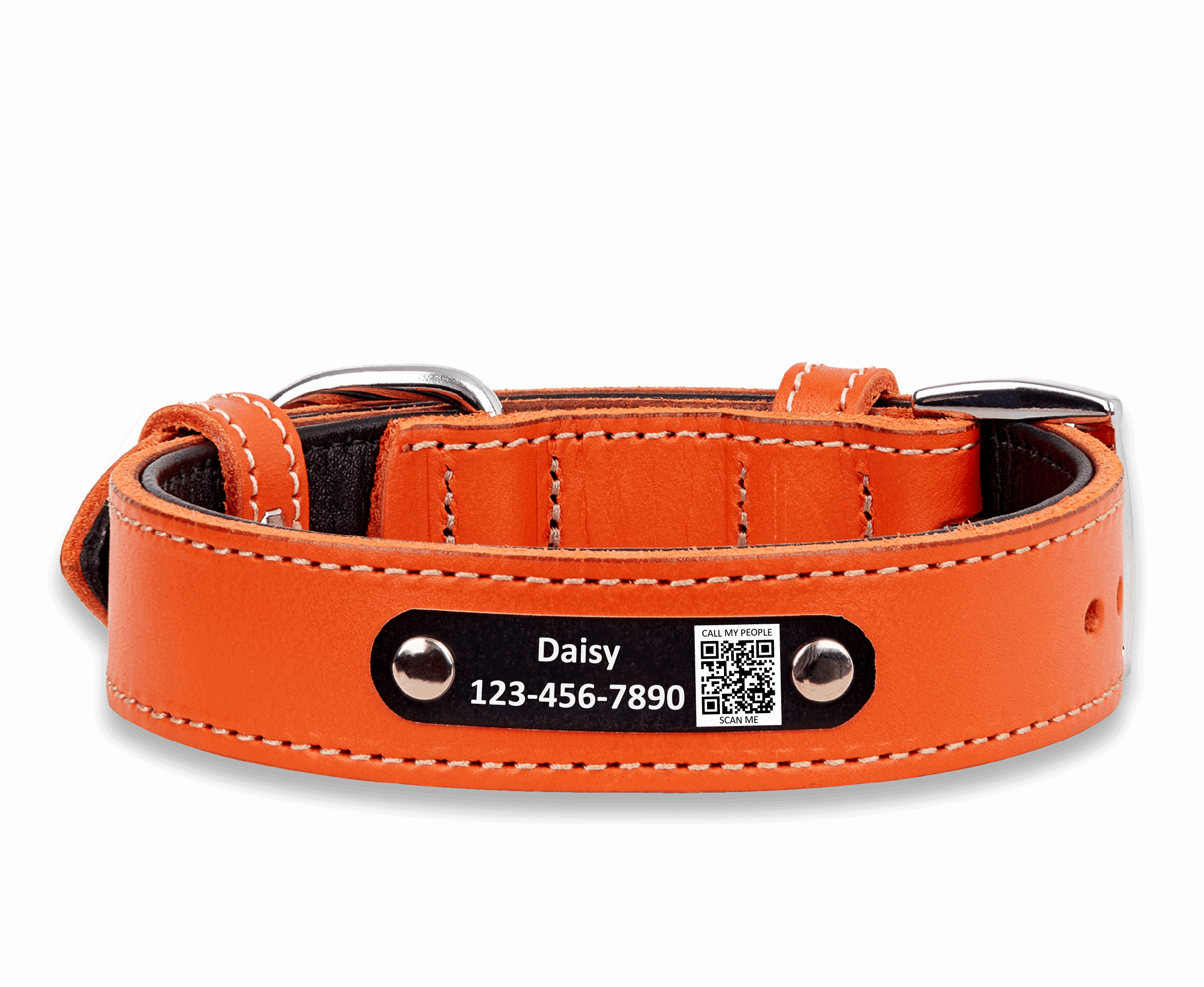 Personalized Soft Geniune Leather Handmade Orange Dog Collar