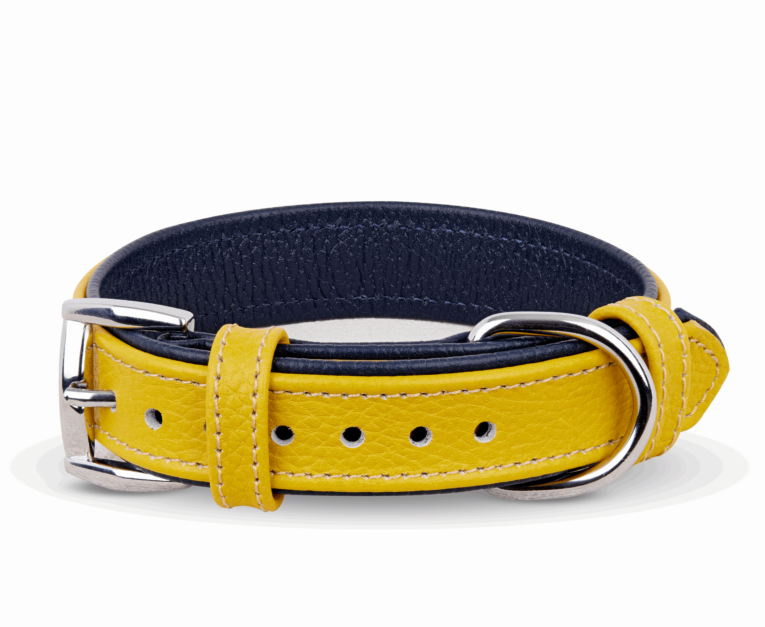 Double-Layered Geniune Leather Yellow and Navy Blue Handmade Dog Collar