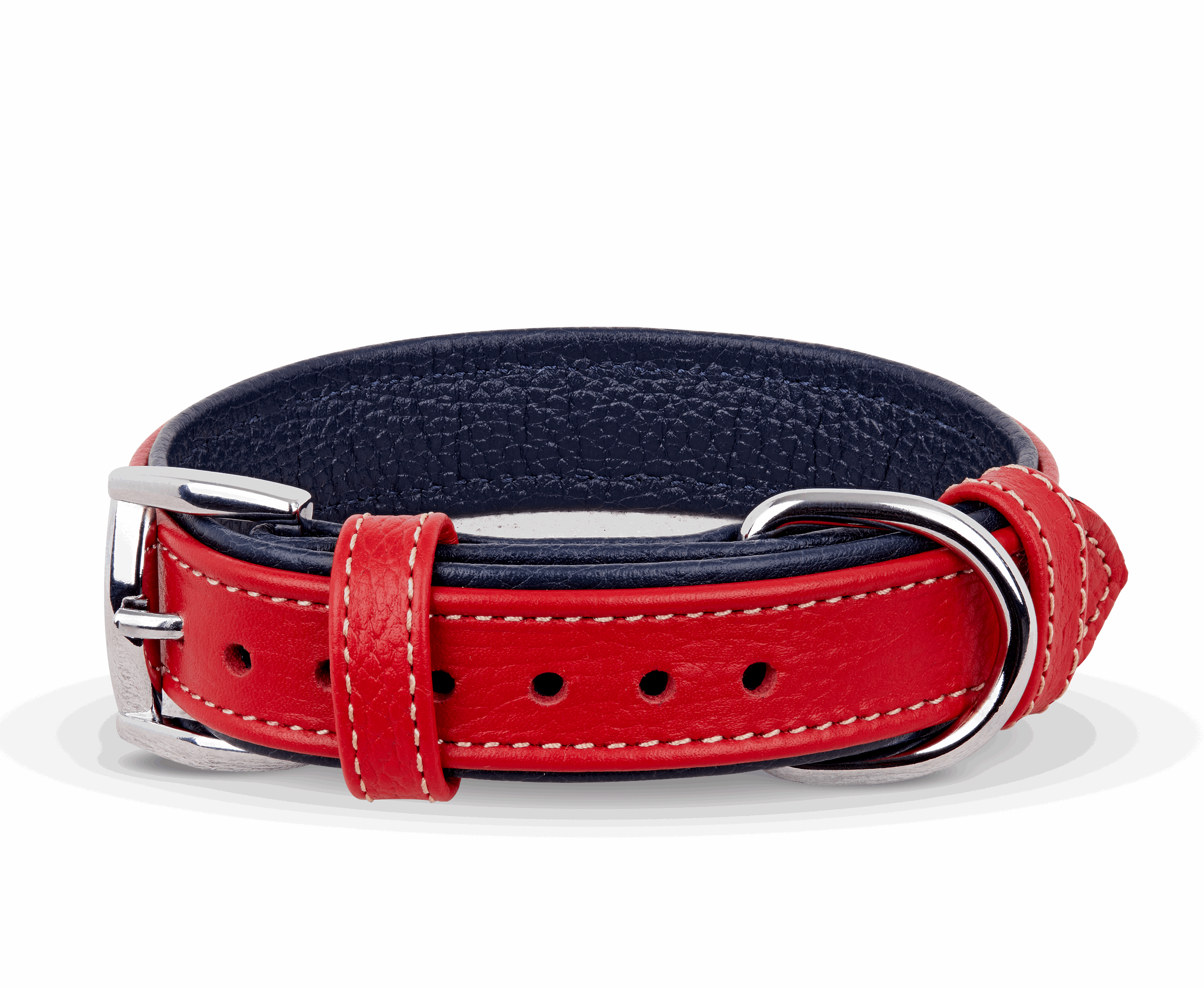 Double-Layered Geniune Leather Red and Navy Blue Handmade Dog Collar