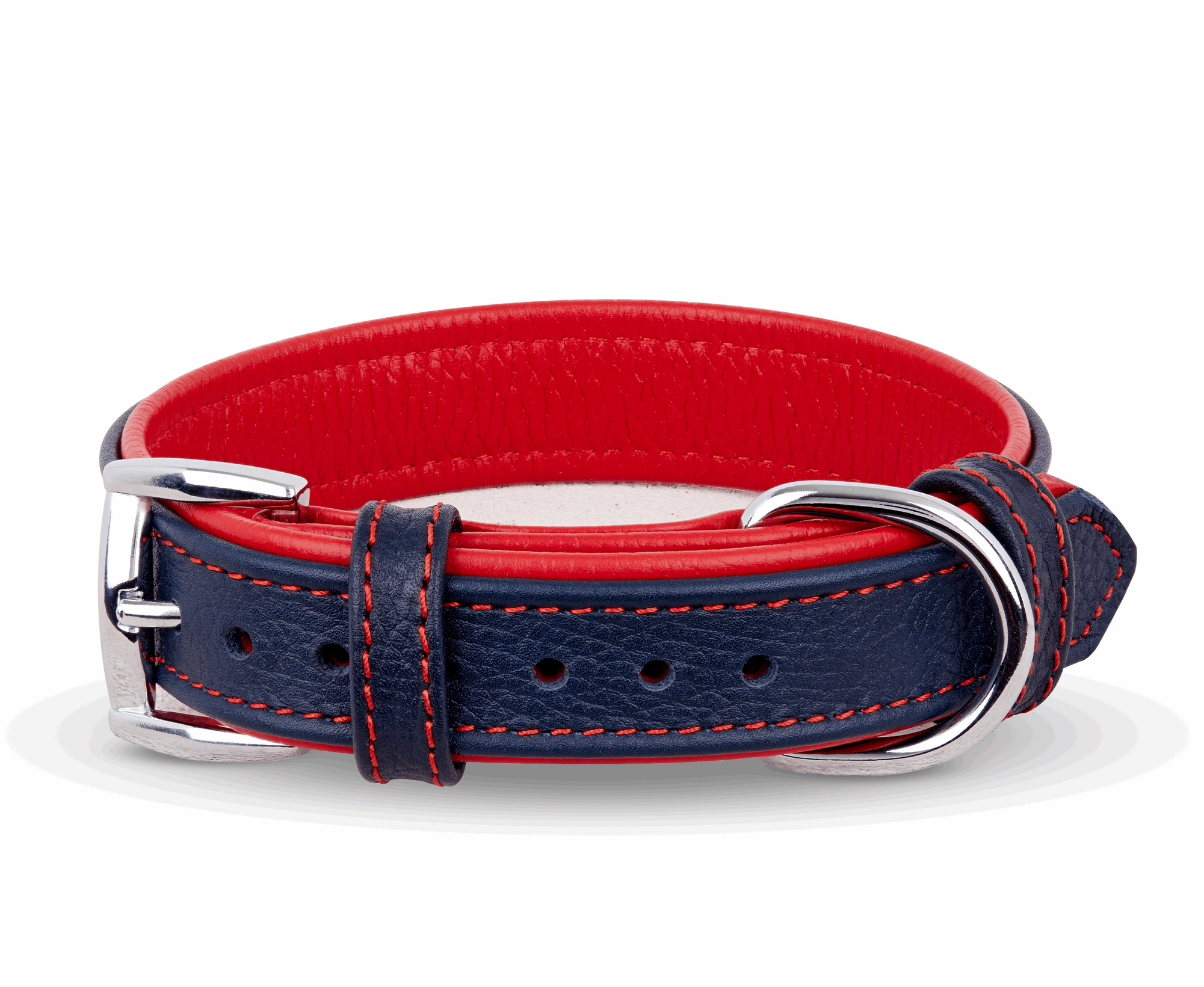 Personalized Leather Dog Collar with Scannable QR Code | Navy Blue and Red Handmade Dog Collar