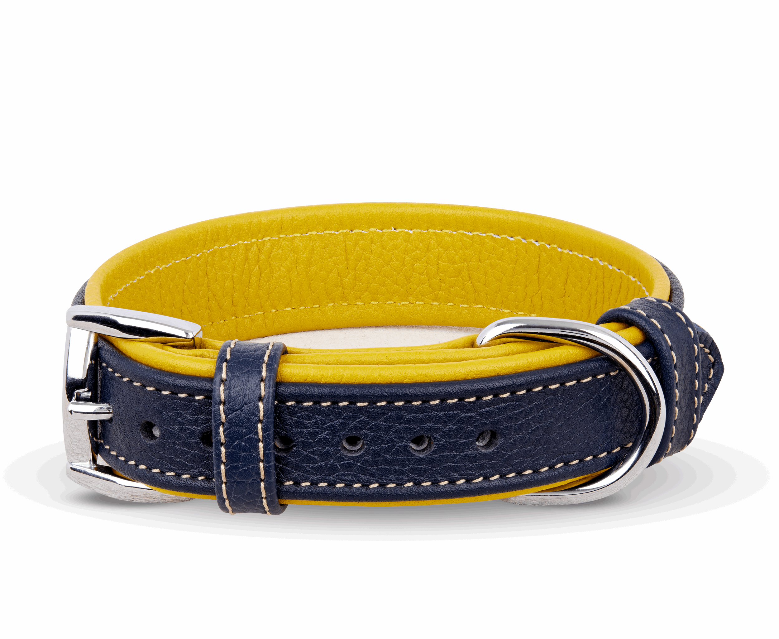 Double-Layered Geniune Leather Navy Blue and Mustard Handmade Dog Collar